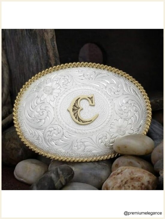 Initial Engraved Gold Trim Western Belt Buckle - Nickel Alloy Base